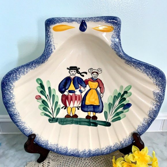 Shell Shape Dish Peasant Country Couple Hand Painted Faience Bretagne Fran… - Picture 5 of 10